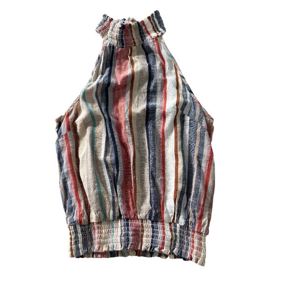 Angie Halter Top Size Small Striped Sleeveless Smocked Rayon Multicolor Summer - Picture 1 of 6